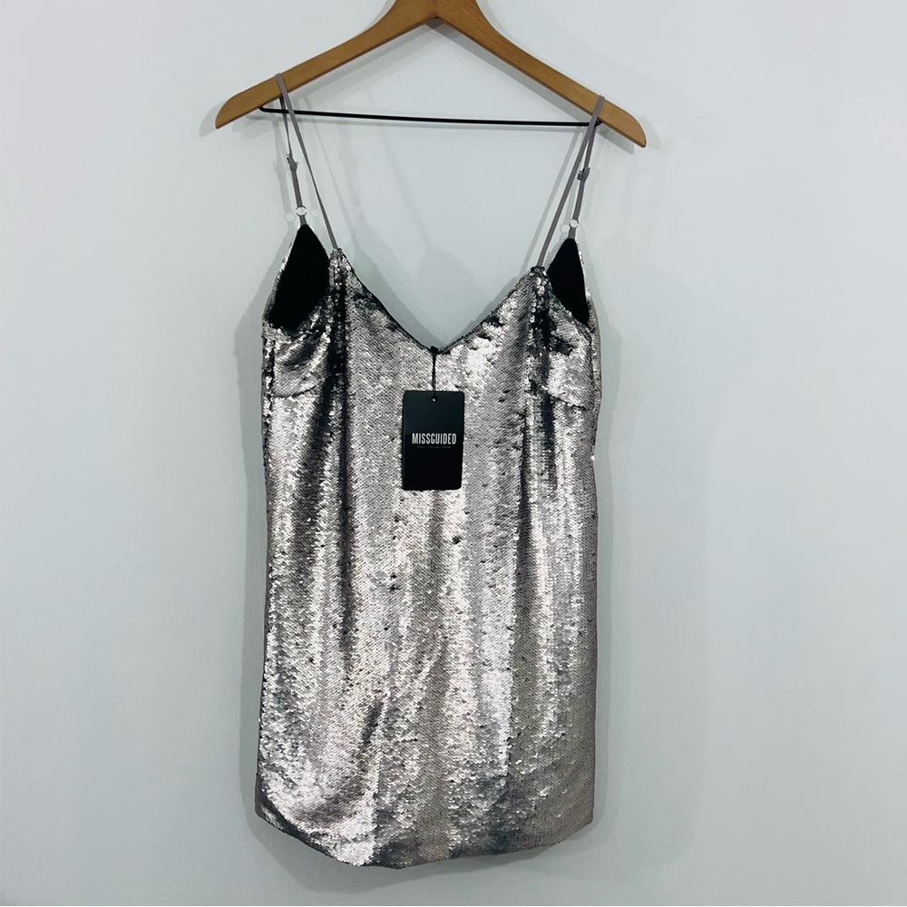 Missguided Mini Spaghetti Strap Silver Sequin Dress New With Tags Size 2 - Picture 5 of 10